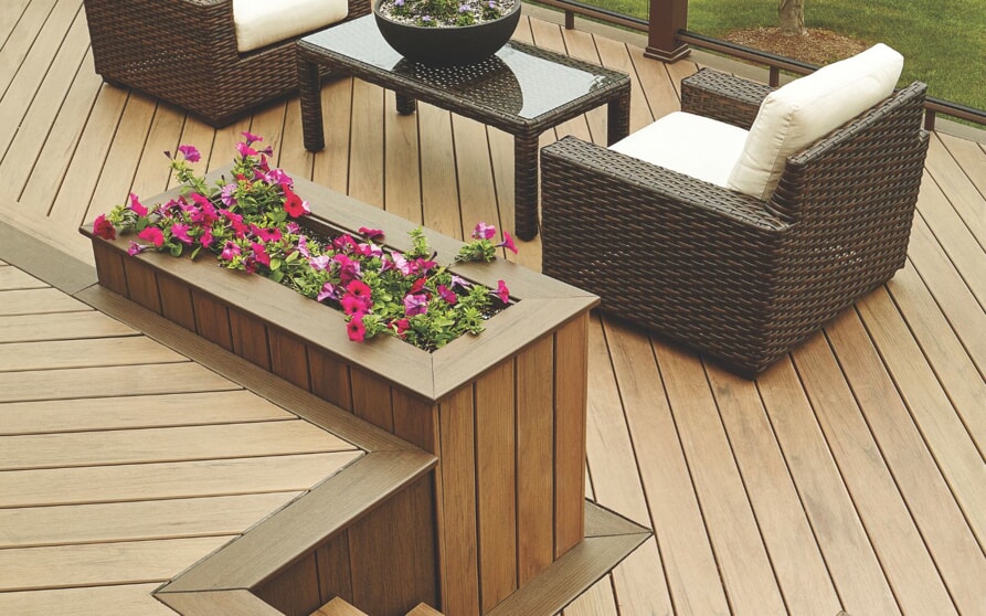 outdoor seating on two toned deck